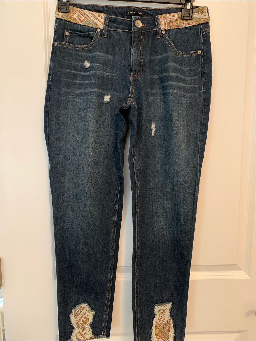 Signature Studio Dark Blue Skinny Jeans with Embroidered Insets